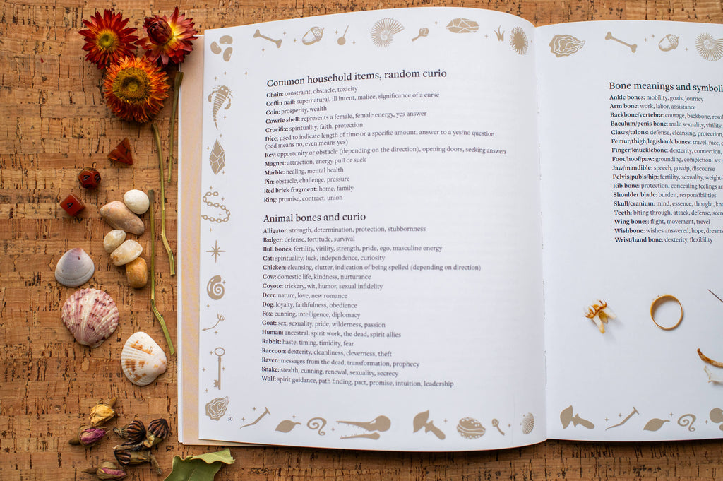 Open book with text and illustrations on a wooden surface with decorative items.