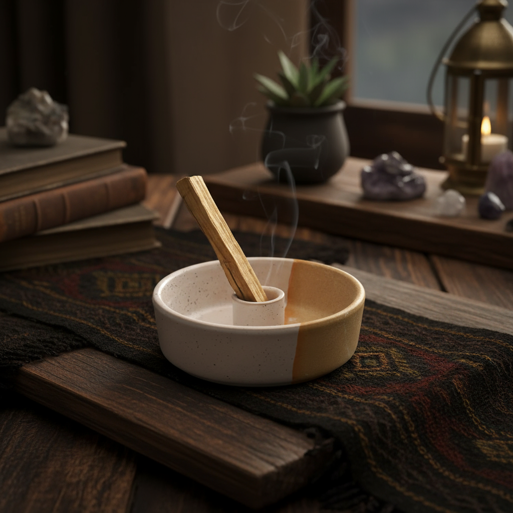 Incense stick in a small bowl with smoke, placed on a wooden surface with books and a plant in the background.