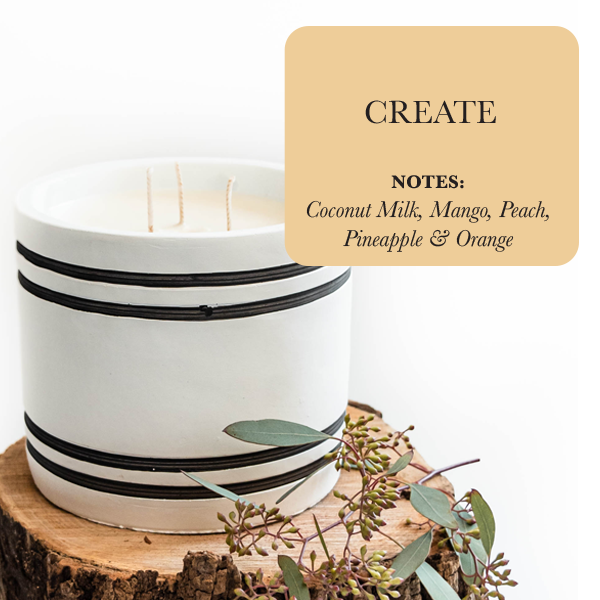 Create Candle | Tropical Coconut & Mango Soy Candle | Luxury 3-Wick Candle in Reusable Cement Vessel