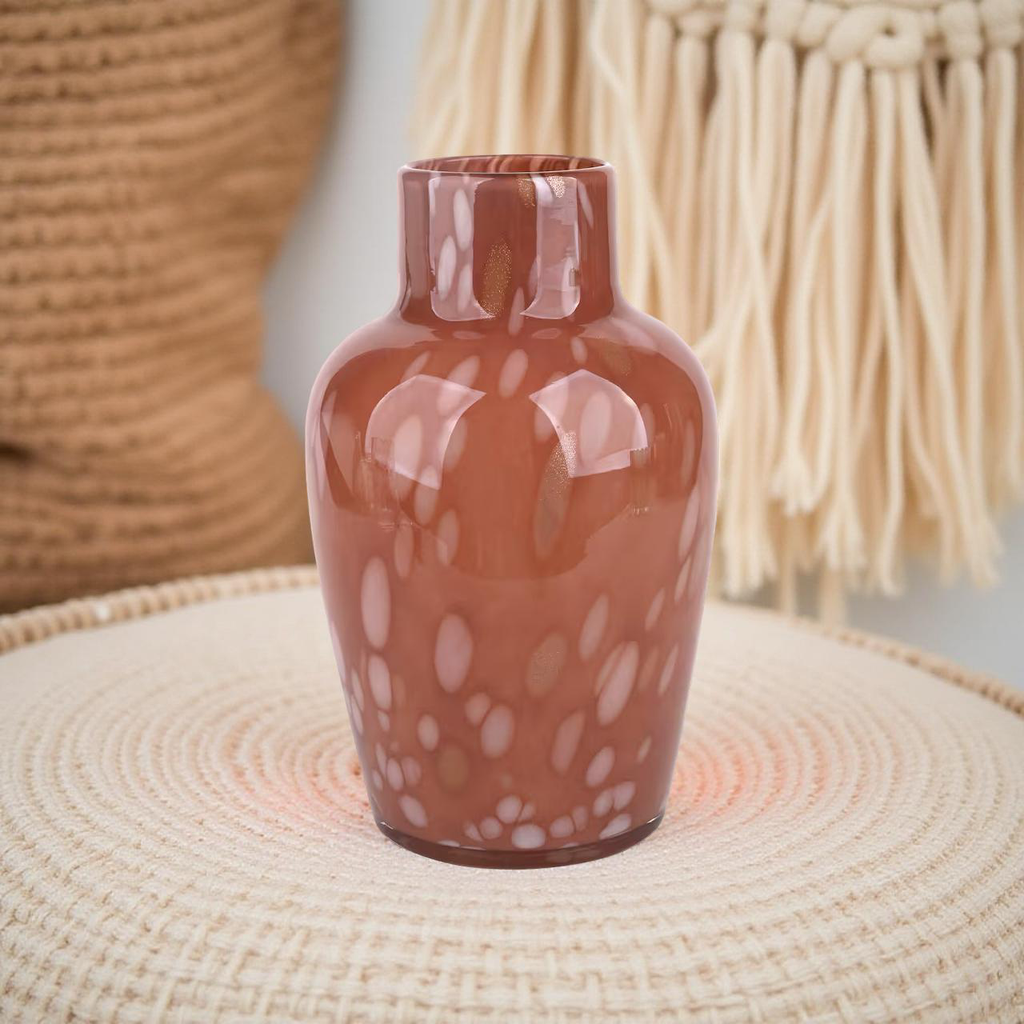 Pink Mottled Glass Vase – Decorative Floral Container, 7.5"