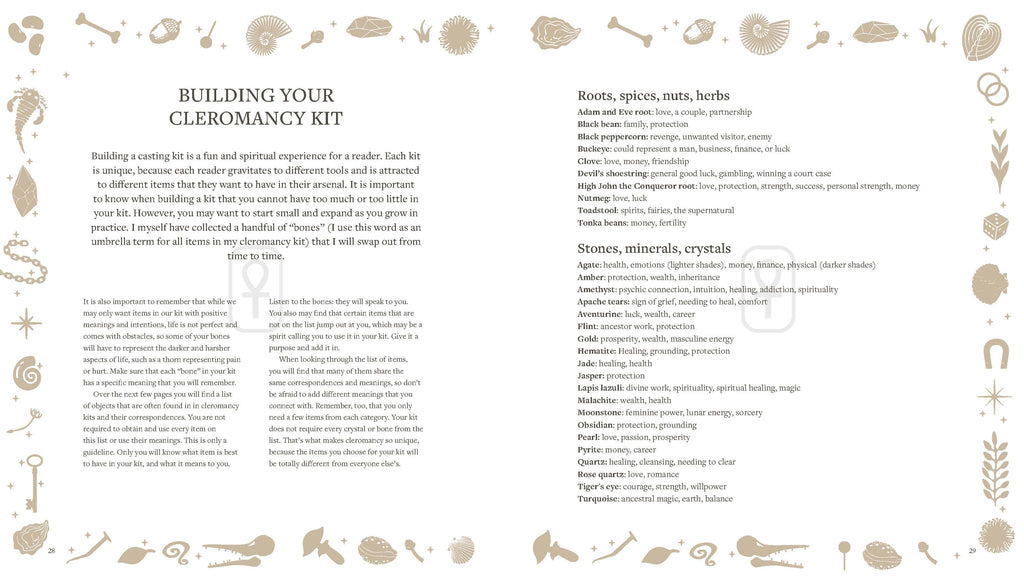 Instructions for building a cleromancy kit with text and illustrations of herbs and tools on a white background.