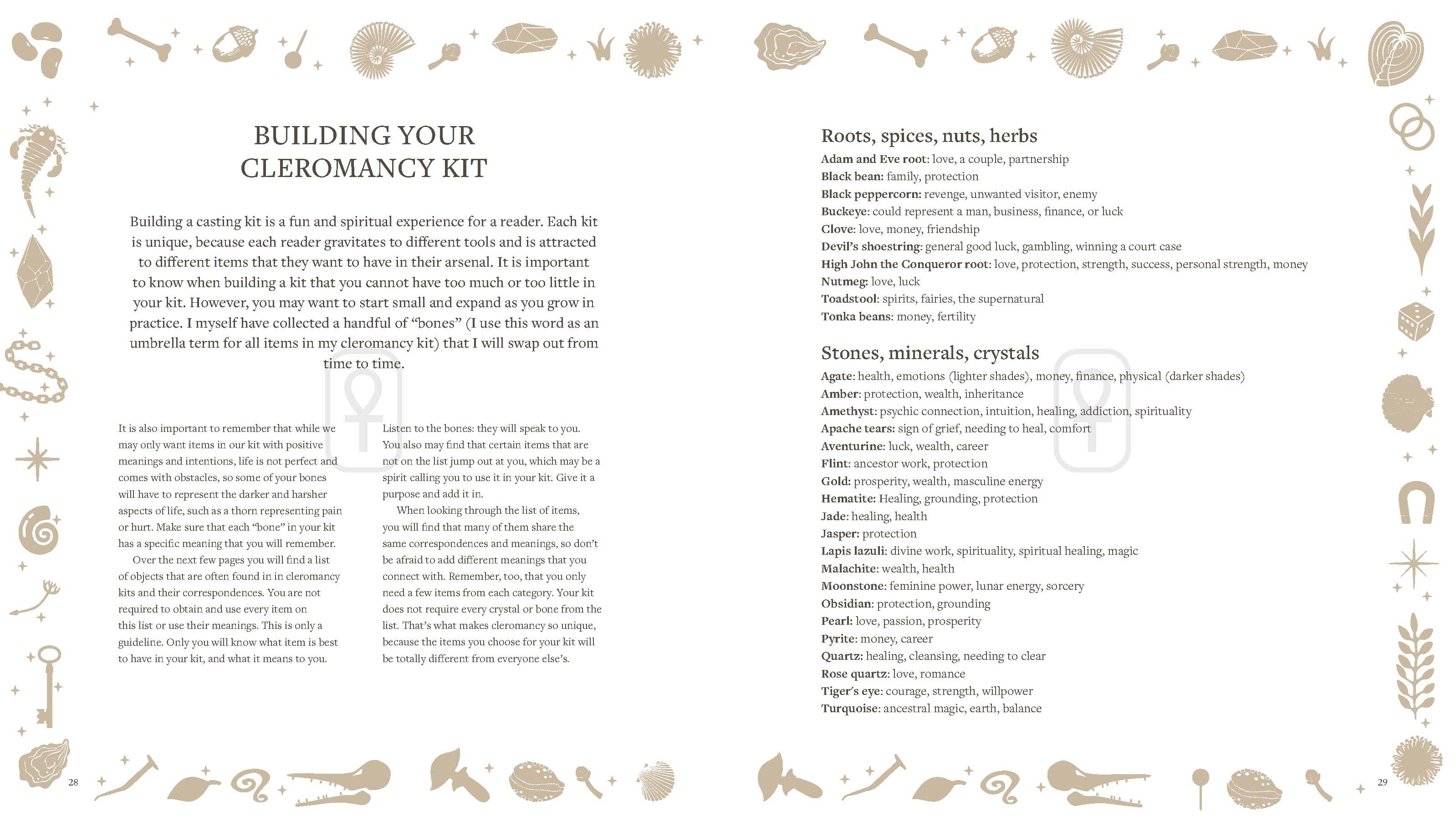 Instructions for building a cleromancy kit with text and illustrations of herbs and tools on a white background.
