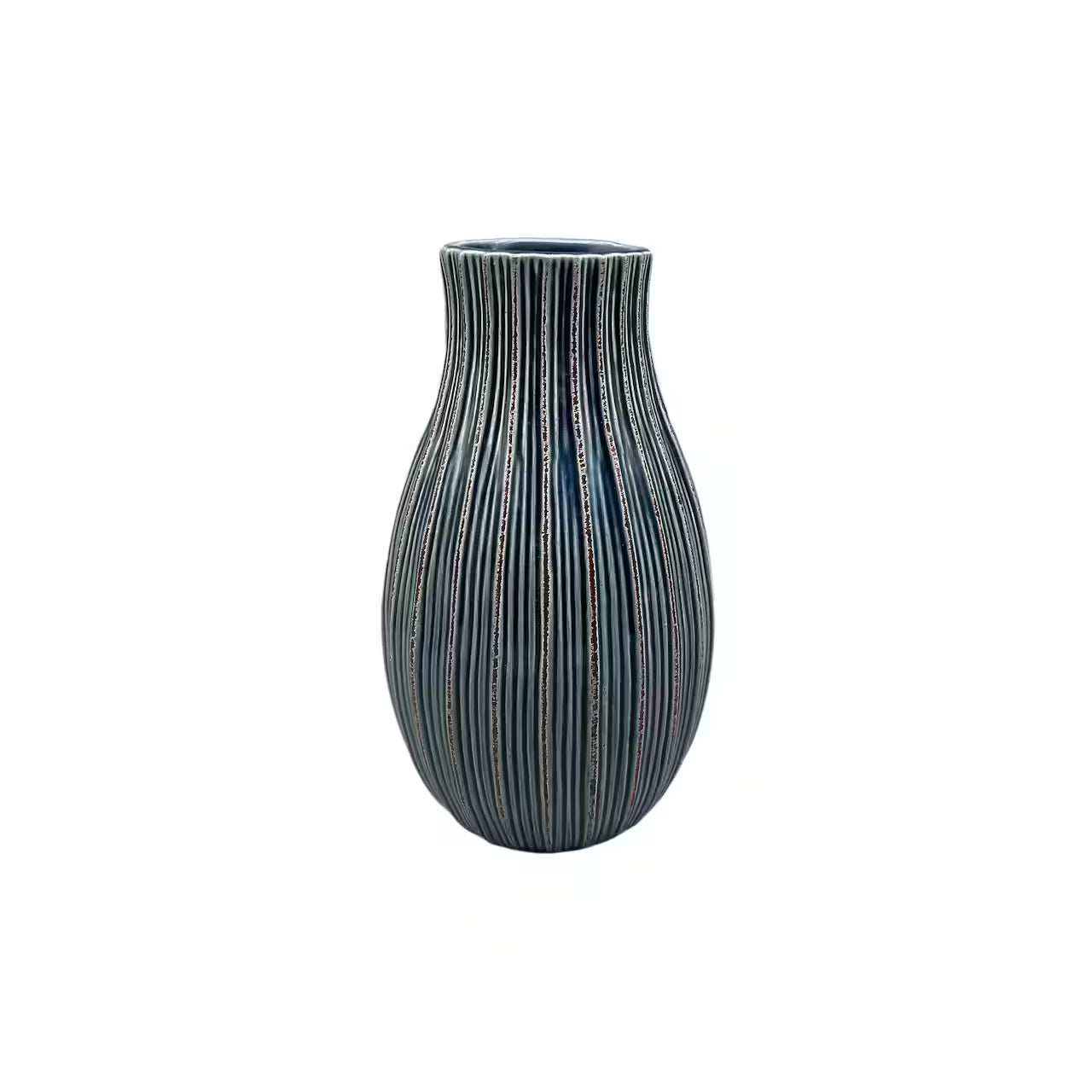 Navy Ribbed Ceramic Vase – Tall Decorative Earthenware Accent