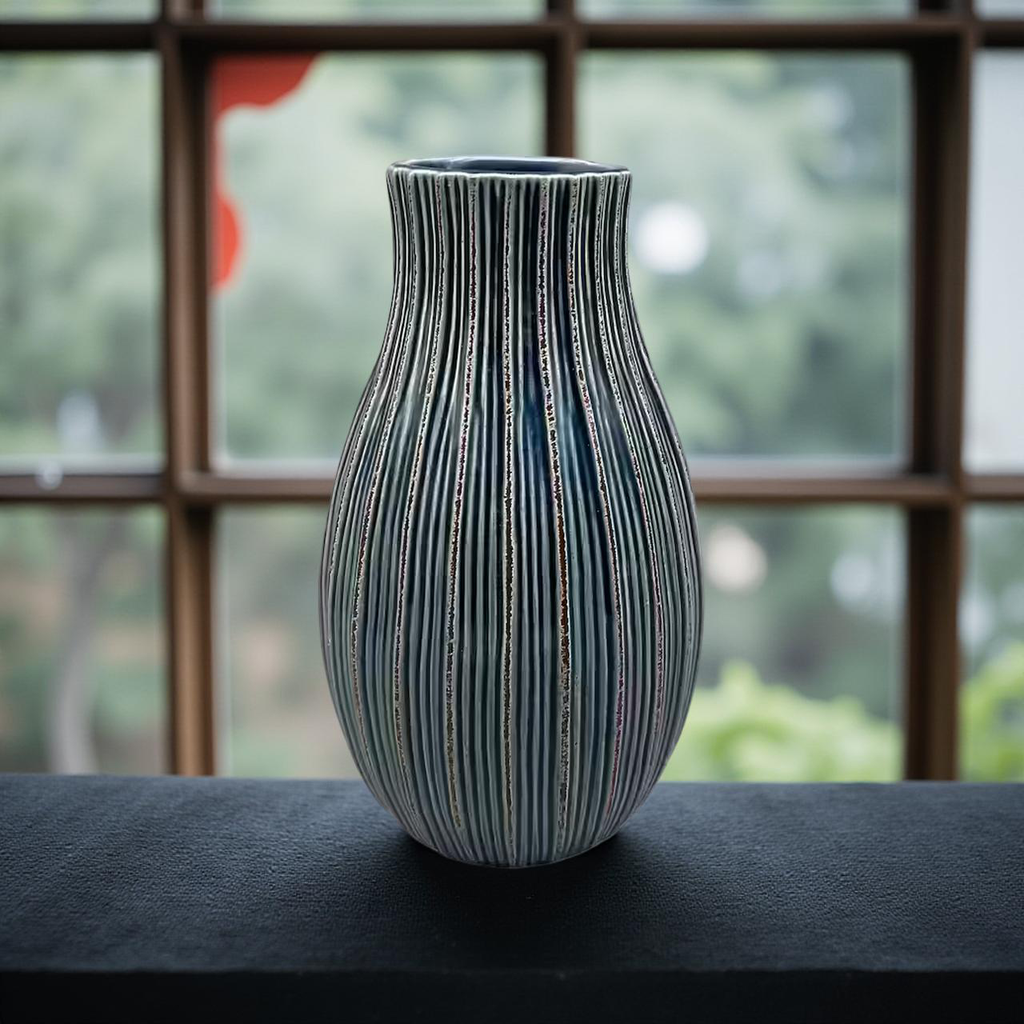 Navy Ribbed Ceramic Vase – Tall Decorative Earthenware Accent