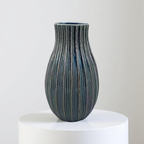 Navy Ribbed Ceramic Vase – Tall Decorative Earthenware Accent