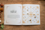 Open book with 'Wheel of Fortune' diagram on a wooden surface with decorative elements.