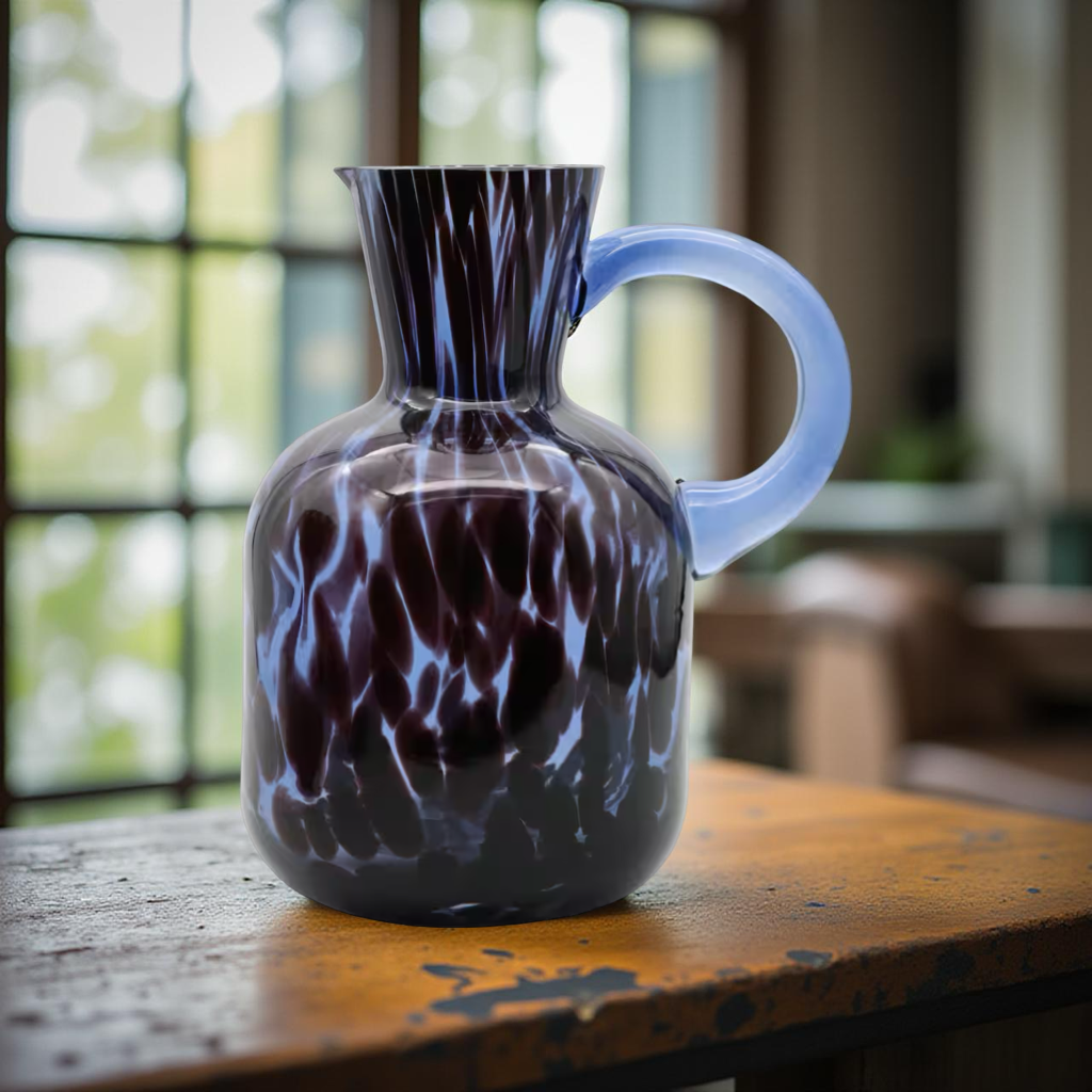Blue Glass Pitcher Vase with Handle – Mottled Pattern, Decorative Floral Container