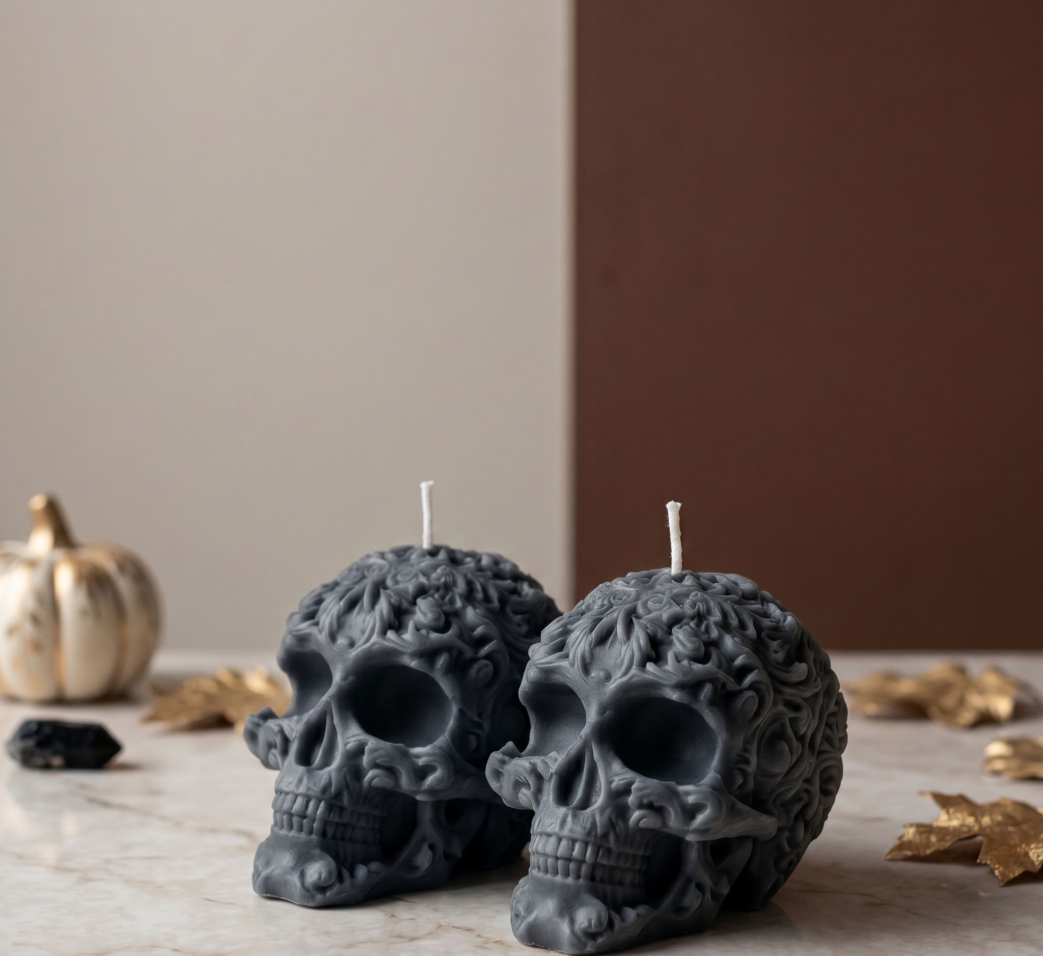 Gothic Floral Skull Candle