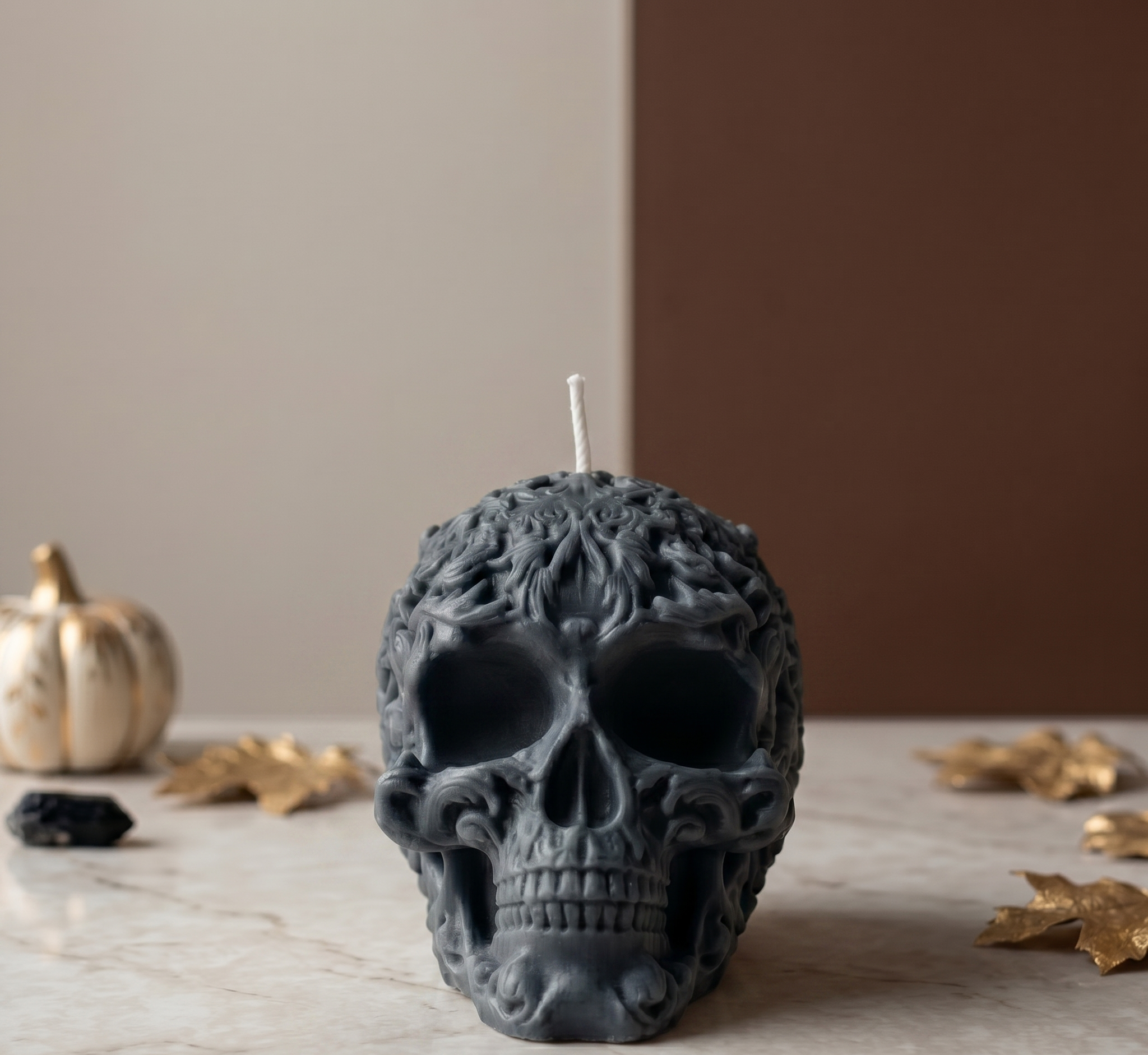 Gothic Floral Skull Candle