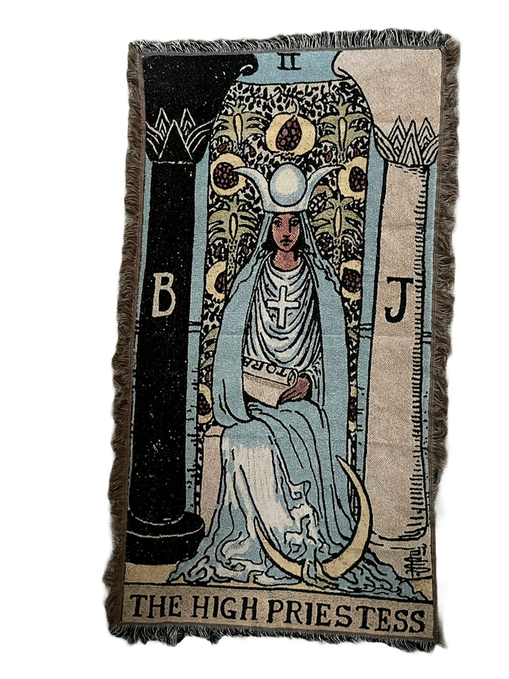 Woven tapestry featuring 'The High Priestess' from a tarot card design.
