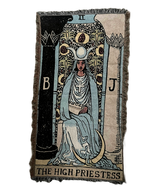 Woven tapestry featuring 'The High Priestess' from a tarot card design.