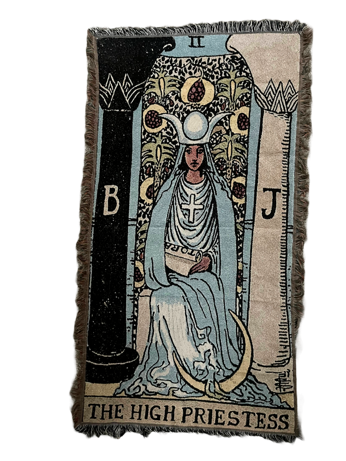 Woven tapestry featuring 'The High Priestess' from a tarot card design.