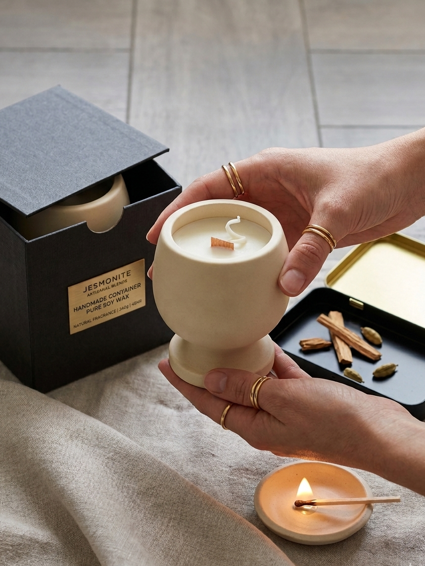 Jesmonite Pedestal Candle – Hand-Poured Soy Wax & Crackling Wood Wick-1