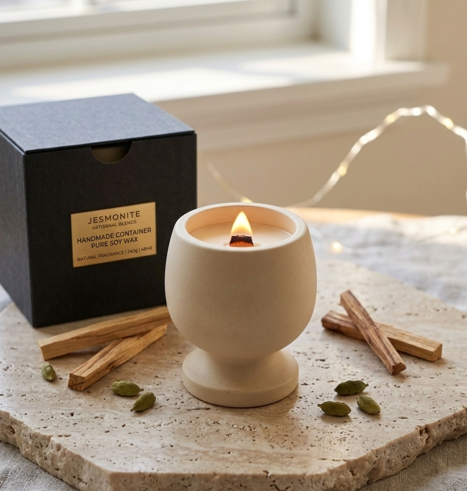 Jesmonite Pedestal Candle – Hand-Poured Soy Wax & Crackling Wood Wick-2