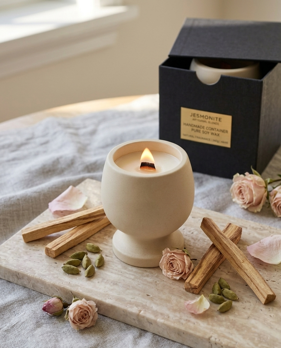 Jesmonite Pedestal Candle – Hand-Poured Soy Wax & Crackling Wood Wick-3