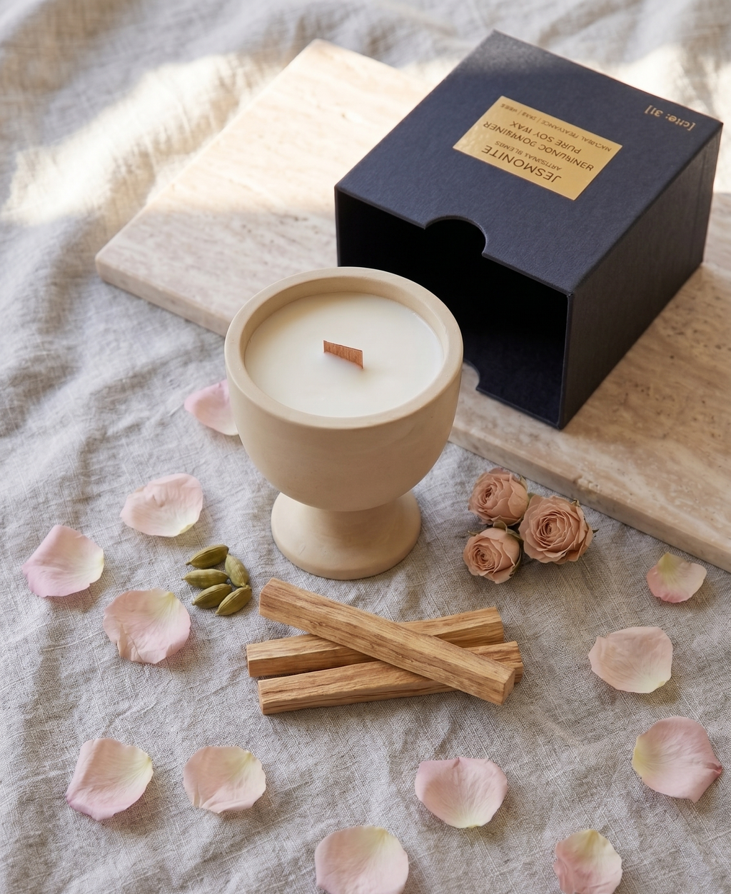 Jesmonite Pedestal Candle – Hand-Poured Soy Wax & Crackling Wood Wick-4