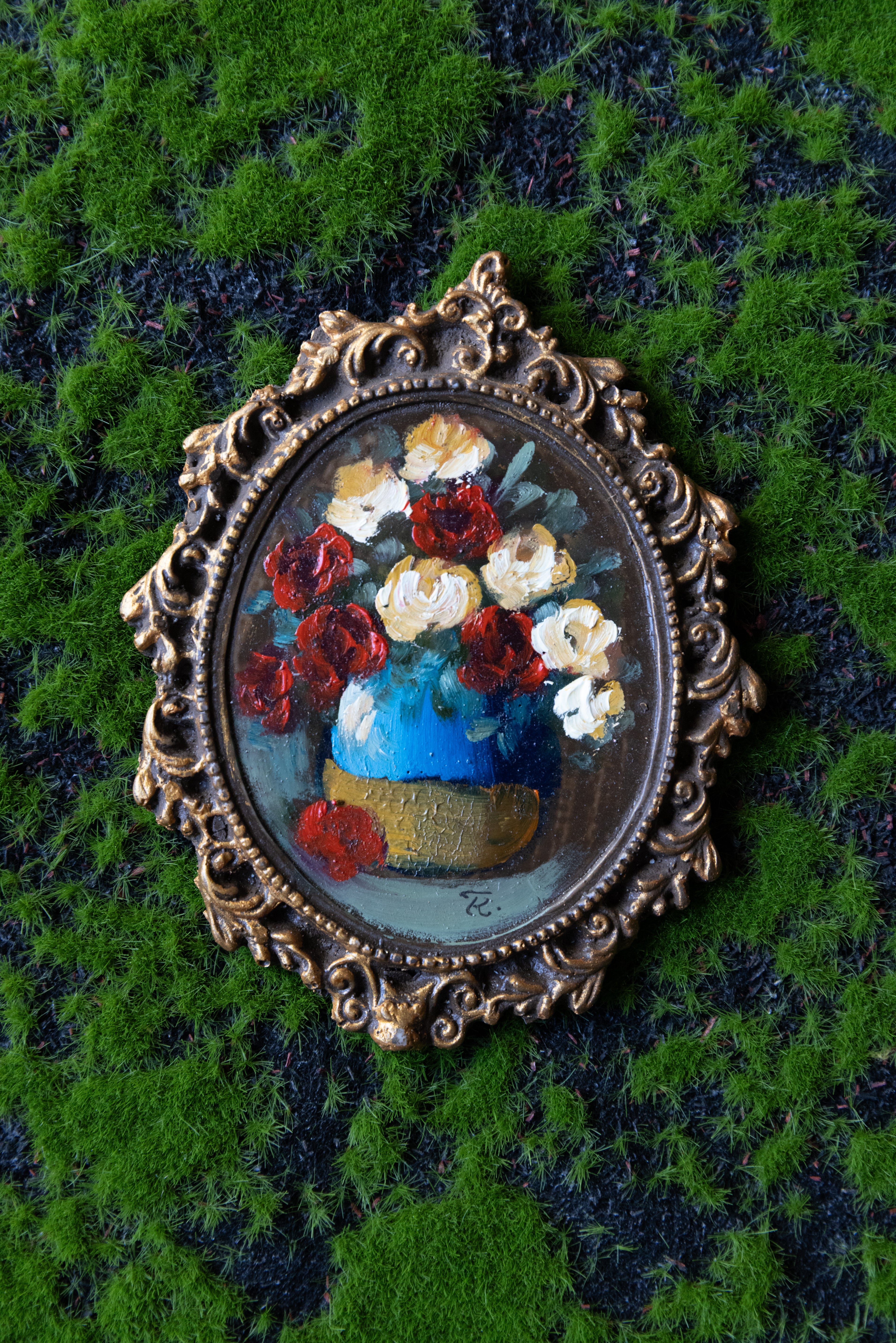 Mini Framed Floral Oil Painting – Vintage Style 3” Hand Painted Roses in Ornate Gold Frame | Cottagecore Wall Art Decor