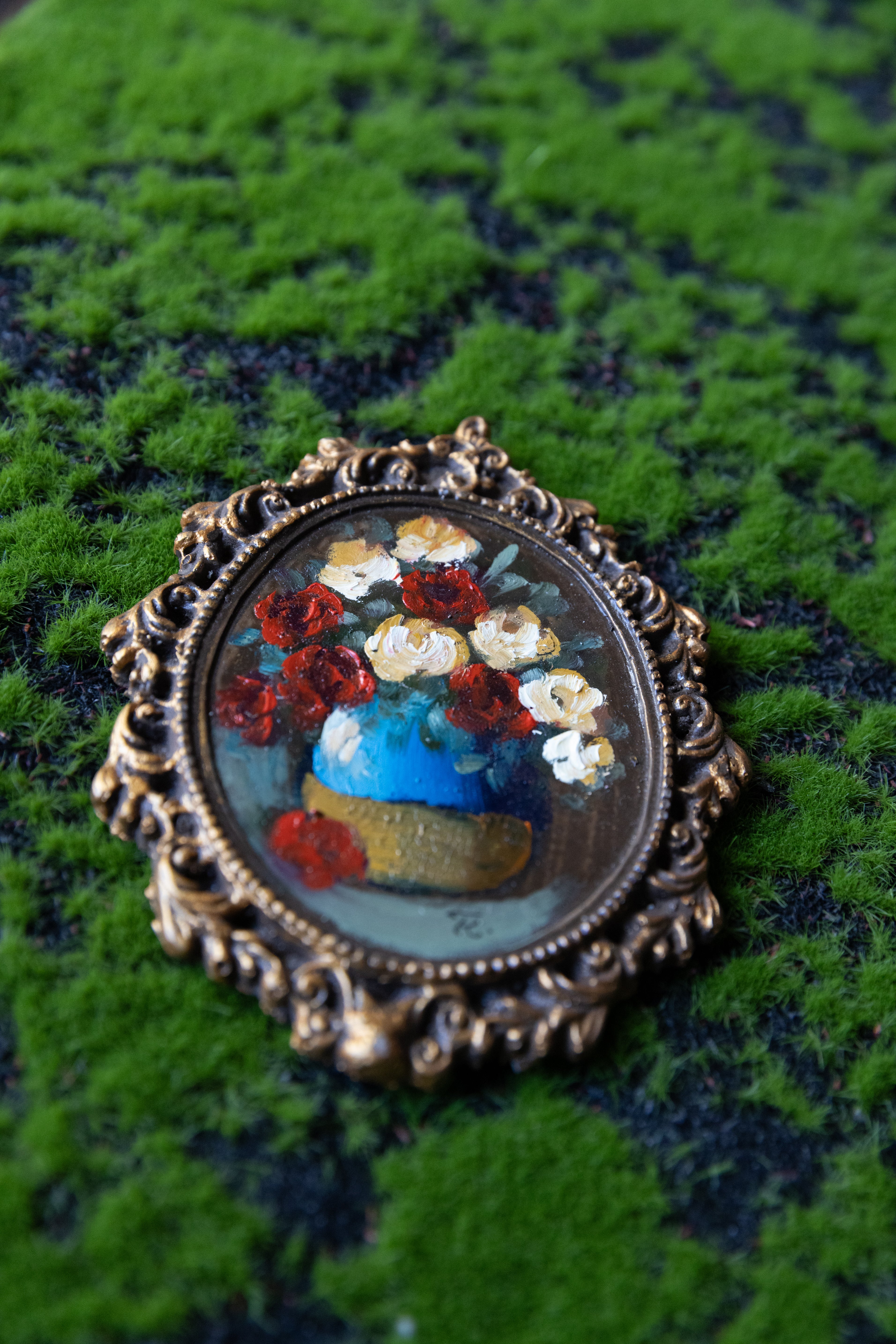 Mini Framed Floral Oil Painting – Vintage Style 3” Hand Painted Roses in Ornate Gold Frame | Cottagecore Wall Art Decor