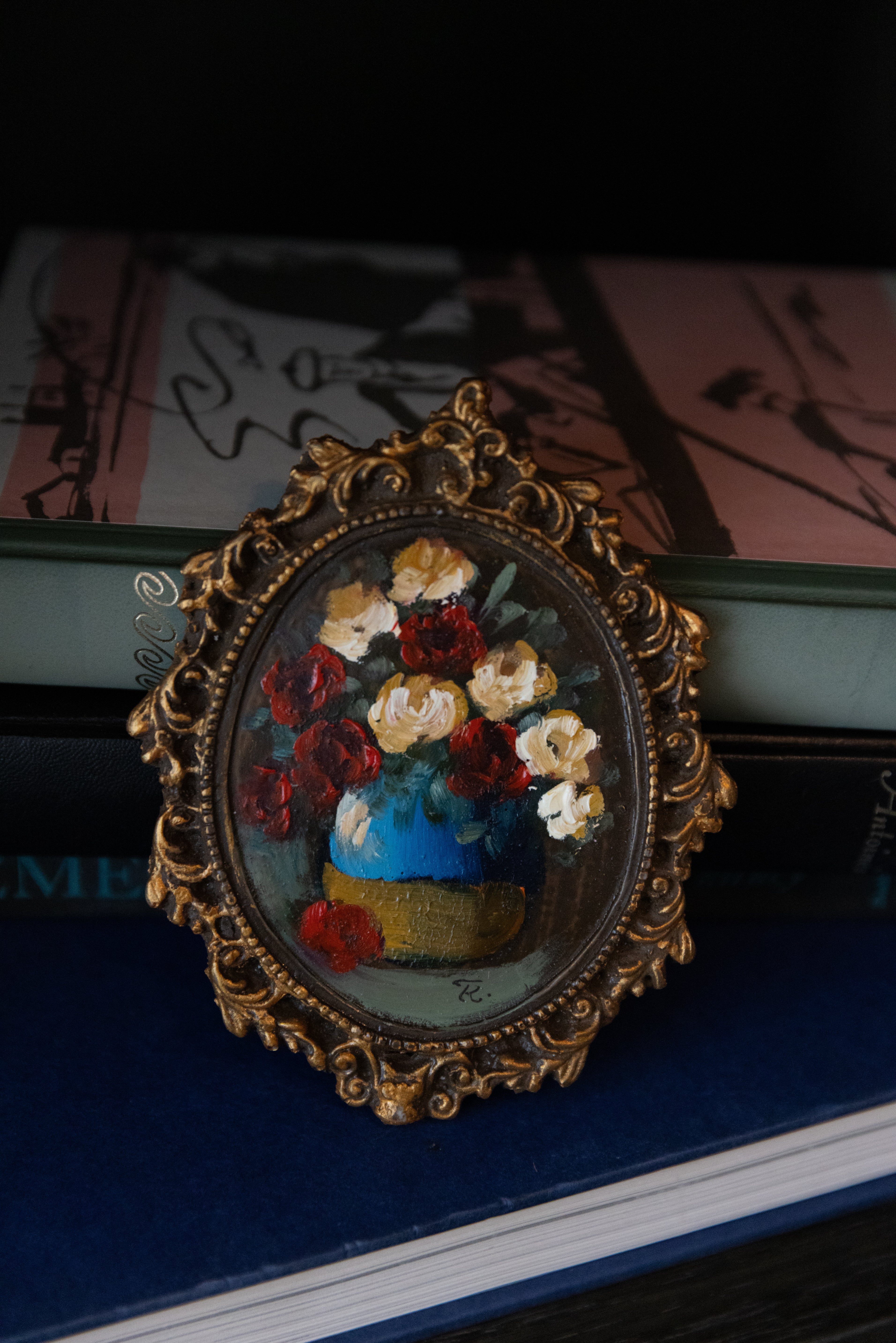Mini Framed Floral Oil Painting – Vintage Style 3” Hand Painted Roses in Ornate Gold Frame | Cottagecore Wall Art Decor
