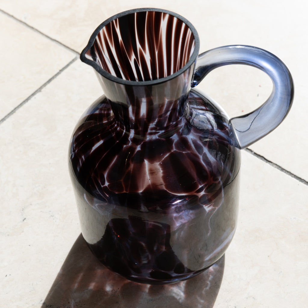 Blue Glass Pitcher Vase with Handle – Mottled Pattern, Decorative Floral Container