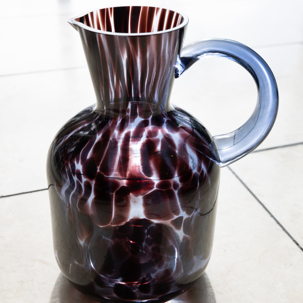 Blue Glass Pitcher Vase with Handle – Mottled Pattern, Decorative Floral Container