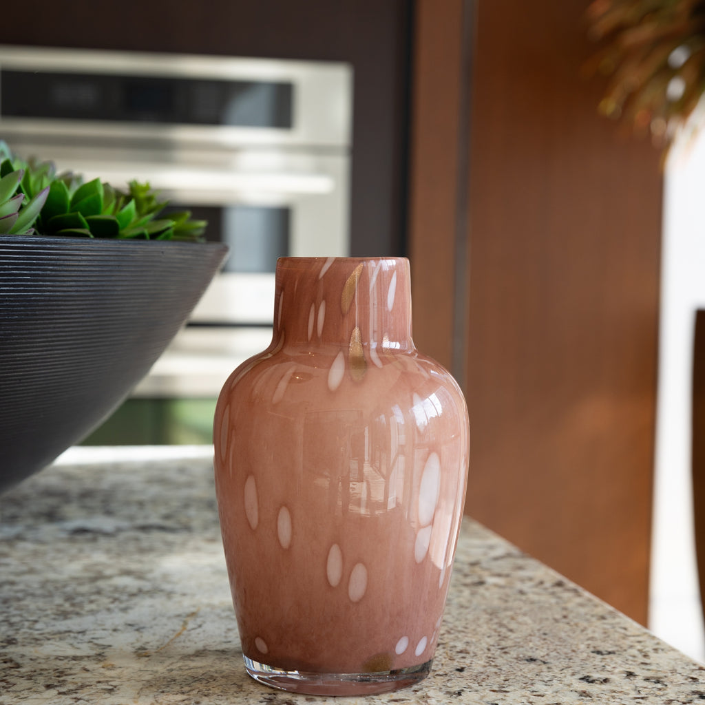 Pink Mottled Glass Vase – Decorative Floral Container, 7.5"