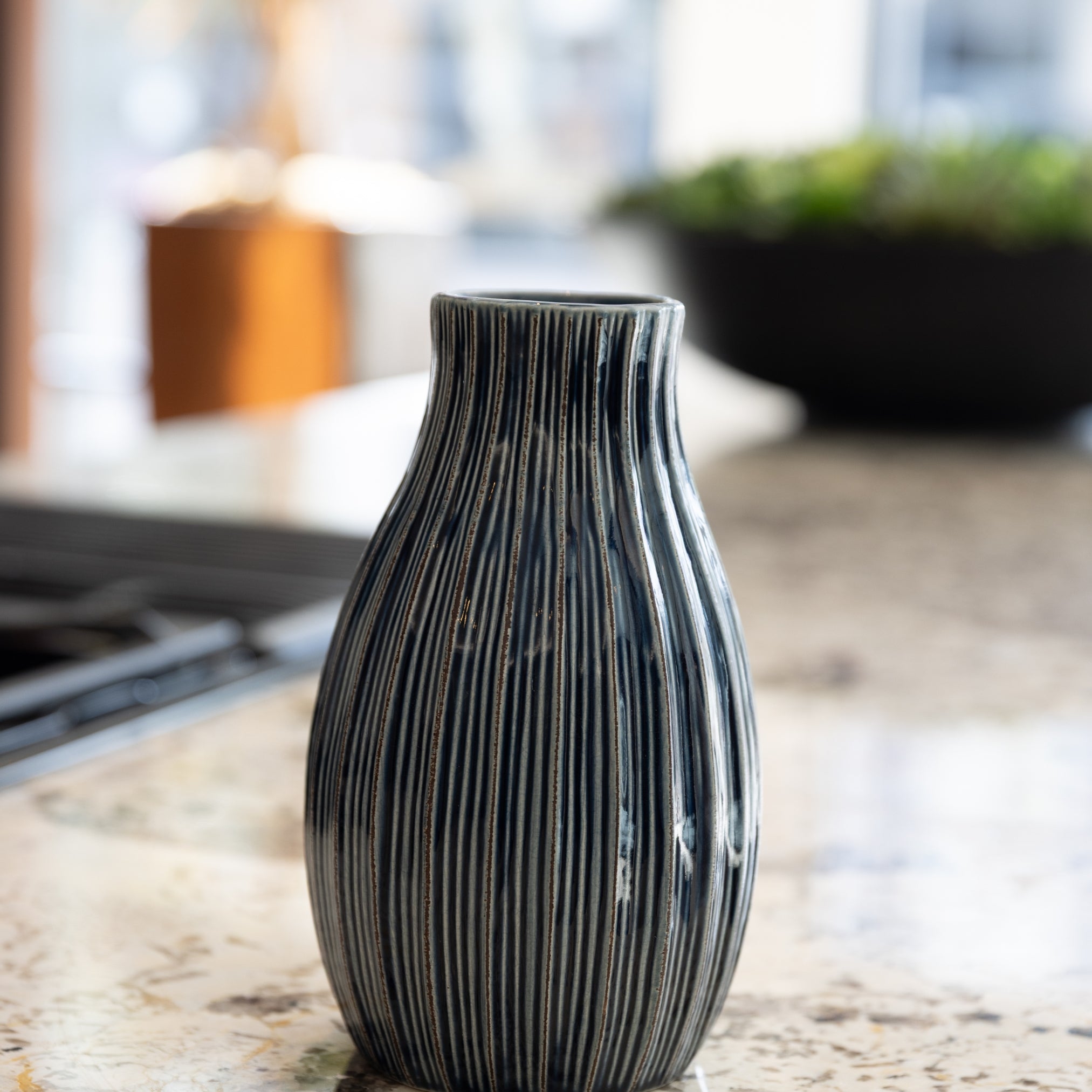 Navy Ribbed Ceramic Vase – Tall Decorative Earthenware Accent