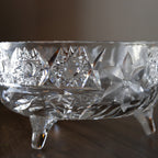 Crystal bowl with intricate cut patterns on a dark surface