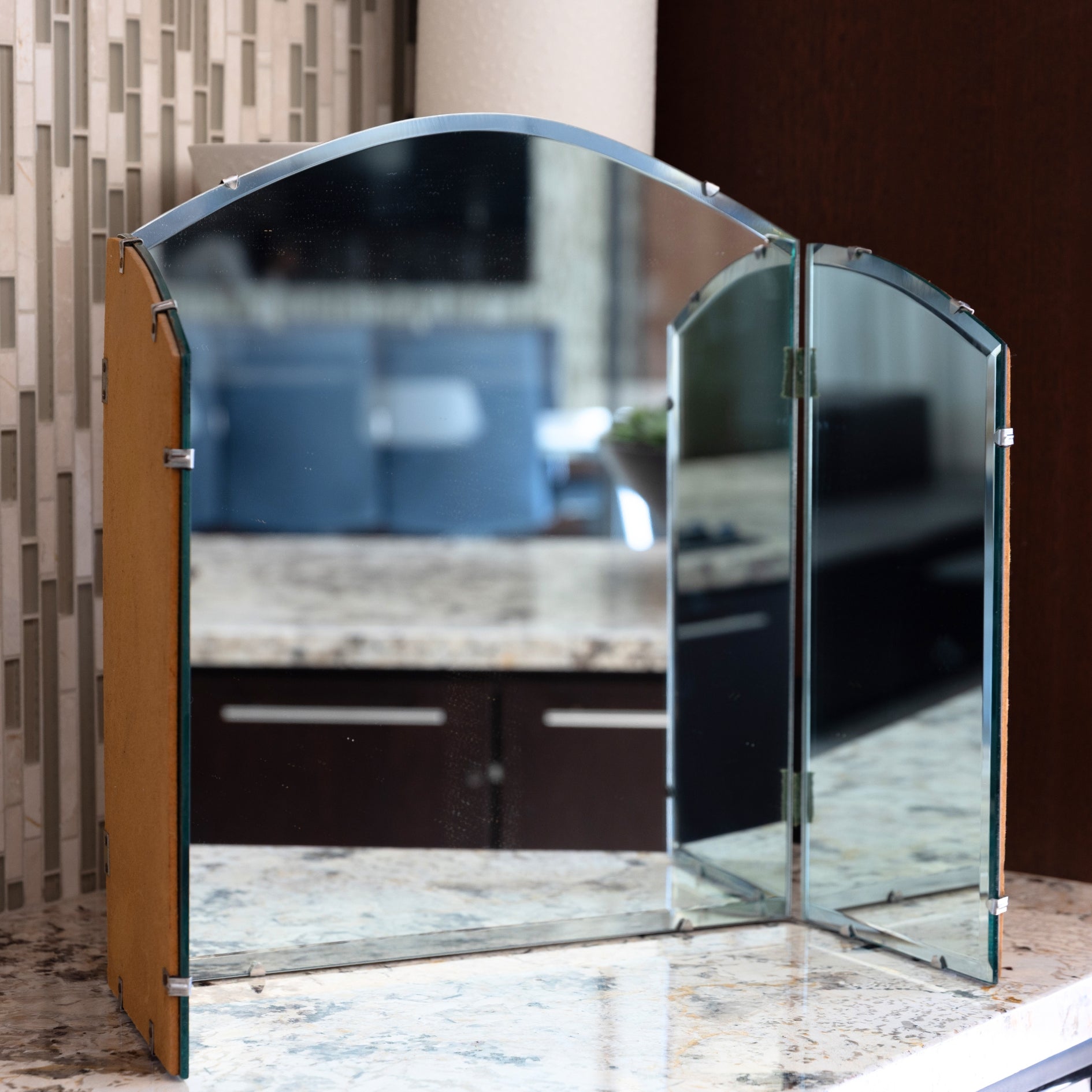 Antique 3-Panel Beveled Vanity Mirror | Frameless Tri-Fold (Late 1800s–1920s)