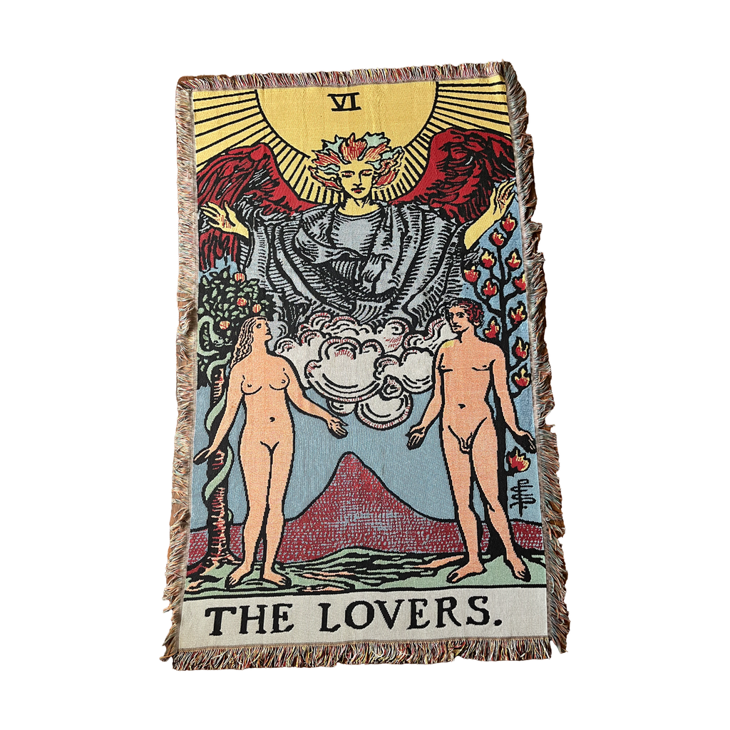 Woven blanket with 'The Lovers' tarot card design on a white background
