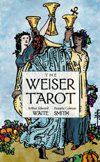 Book cover of 'The Weiser Tarot' with illustrations of three figures holding tarot cards against a blue sky.