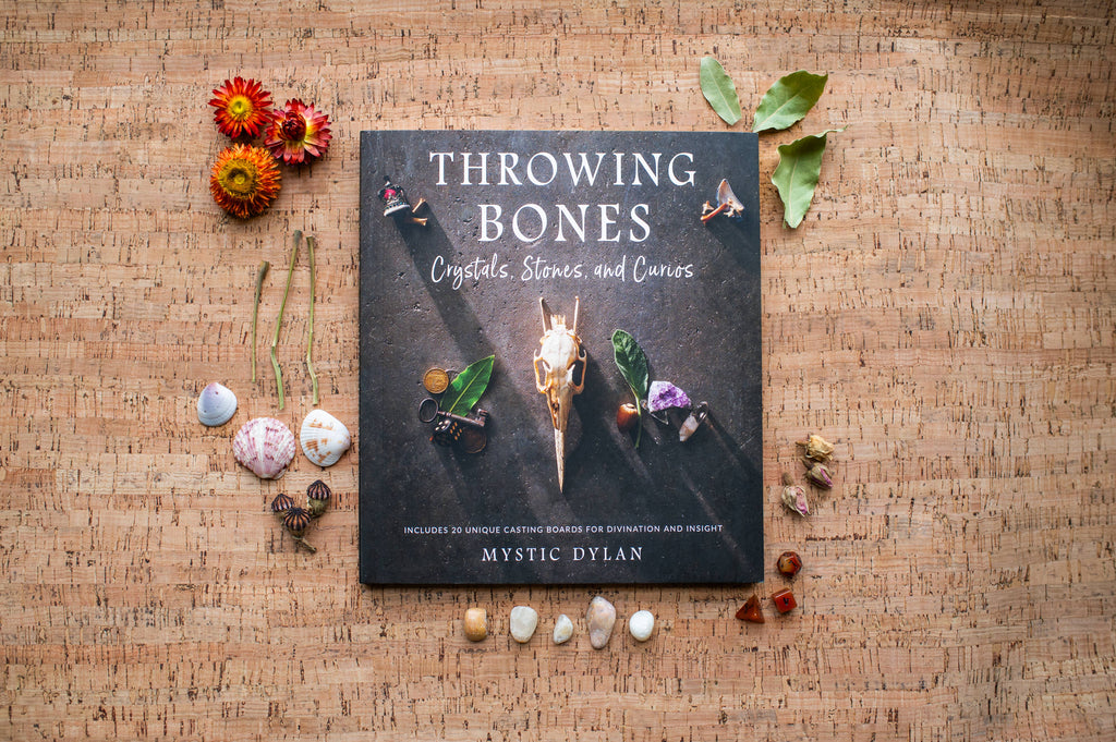 Book titled 'Throwing Bones' with crystals and stones on a cork background