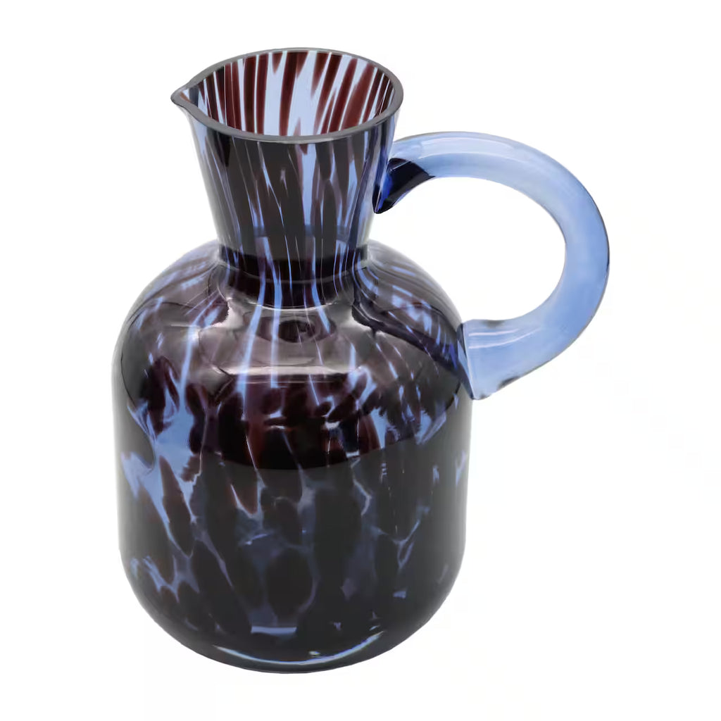 Blue Glass Pitcher Vase with Handle – Mottled Pattern, Decorative Floral Container