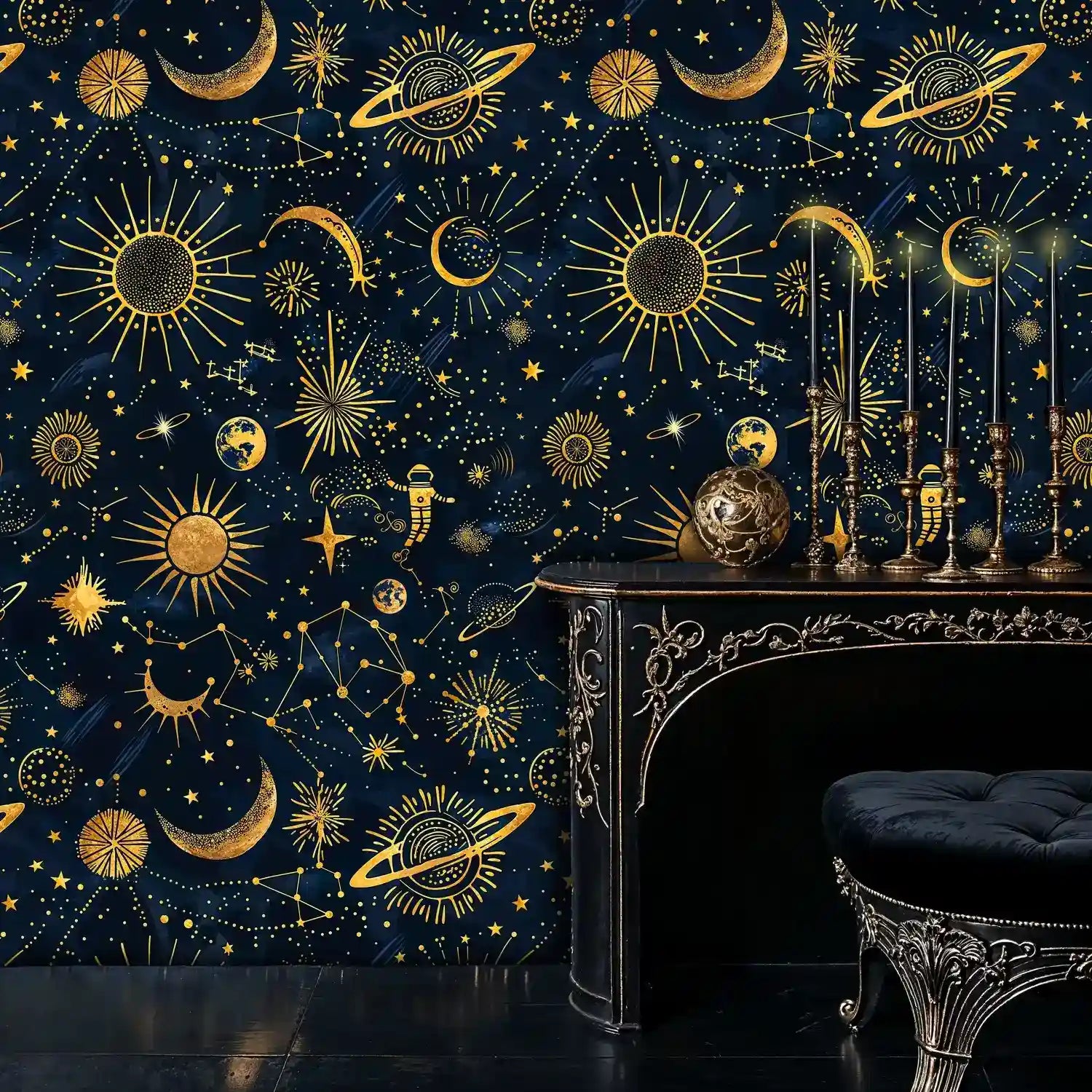Celestial Navy and Gold Sky Wallpaper-0
