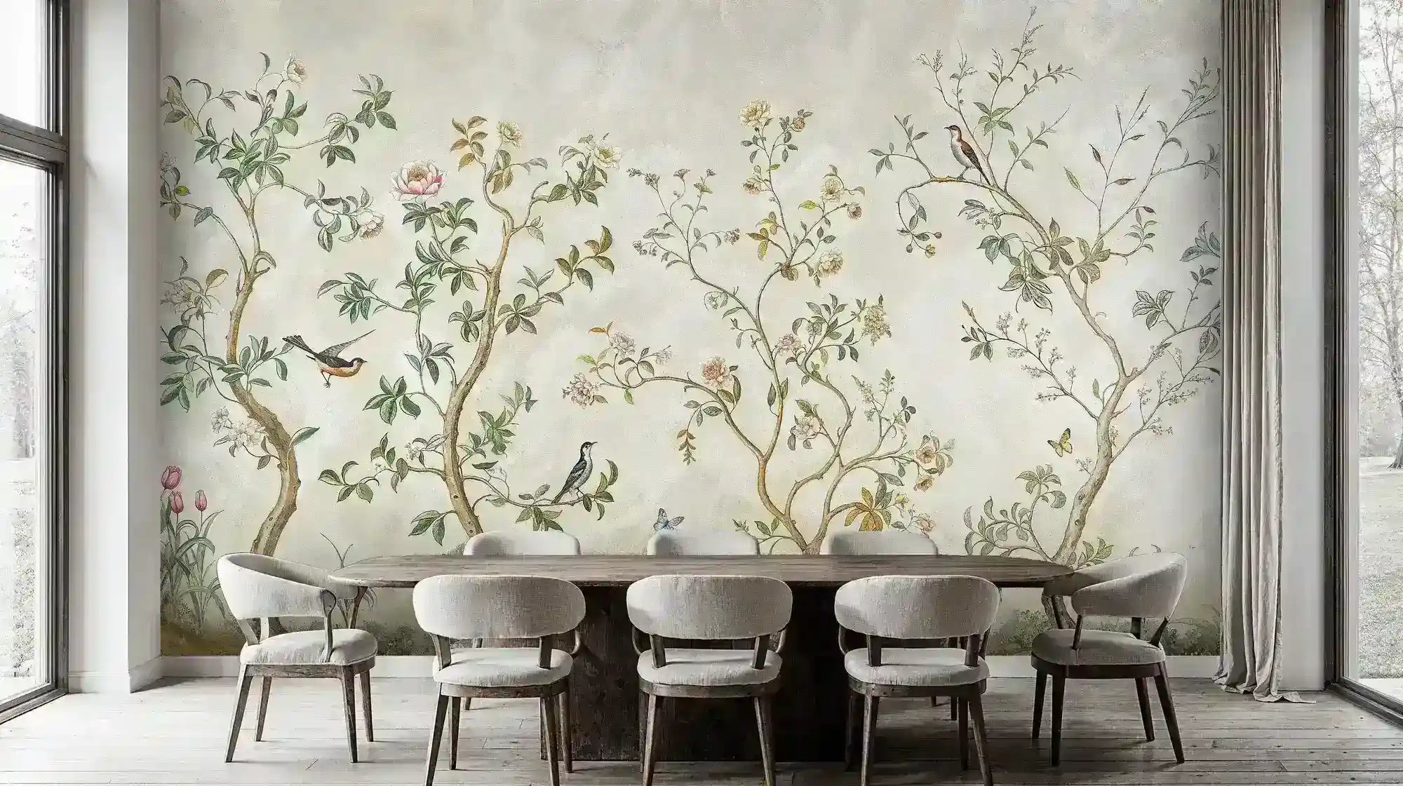 Chinoiserie Birds and Blossoming Branches Wall Mural-3