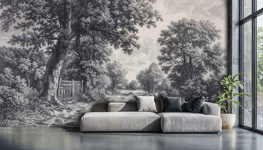 Vintage Countryside Wall Mural in Black and White-0