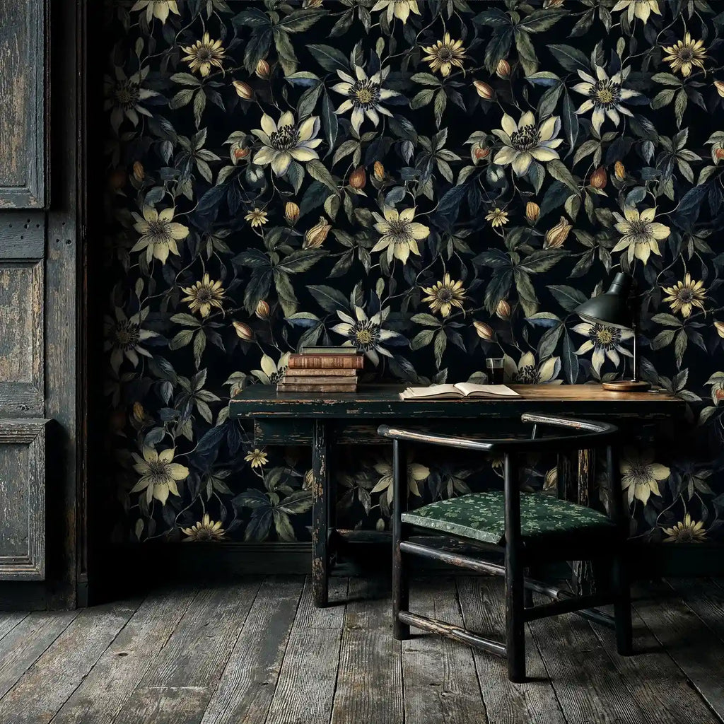 Dark Botanical Clematis Wallpaper-0