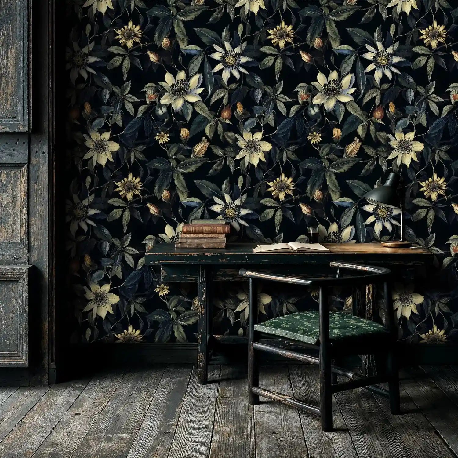 Dark Botanical Clematis Wallpaper-0