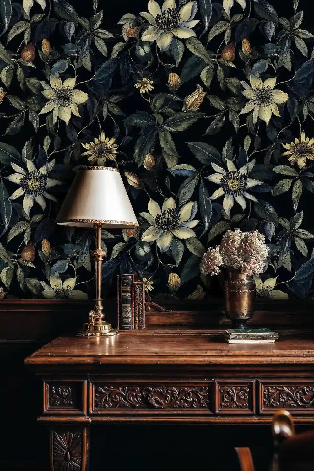 Dark Botanical Clematis Wallpaper-4