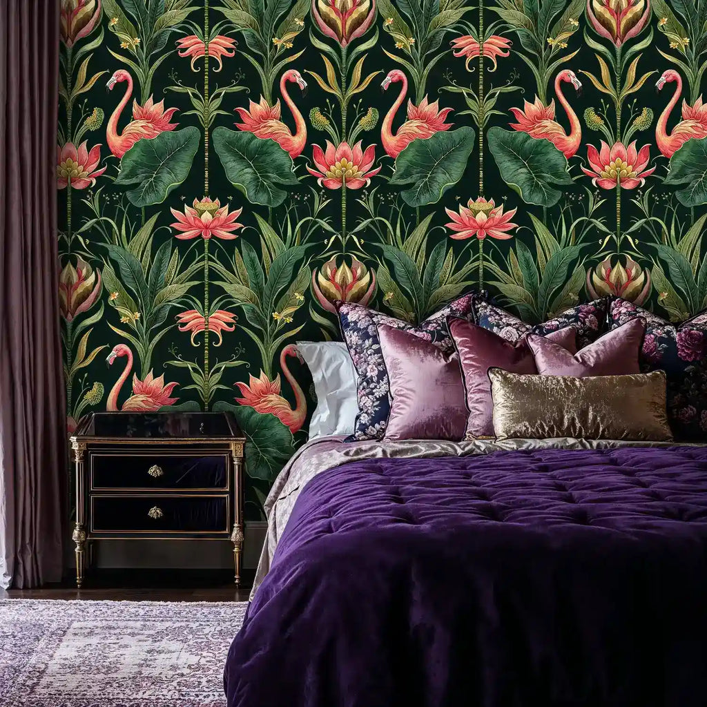 Tropical Flamingos and Lotus Garden Wallpaper-2