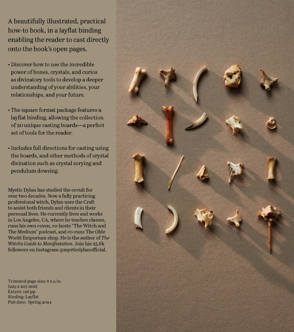 Collection of crystal and bone casting boards on a textured surface with descriptive text.