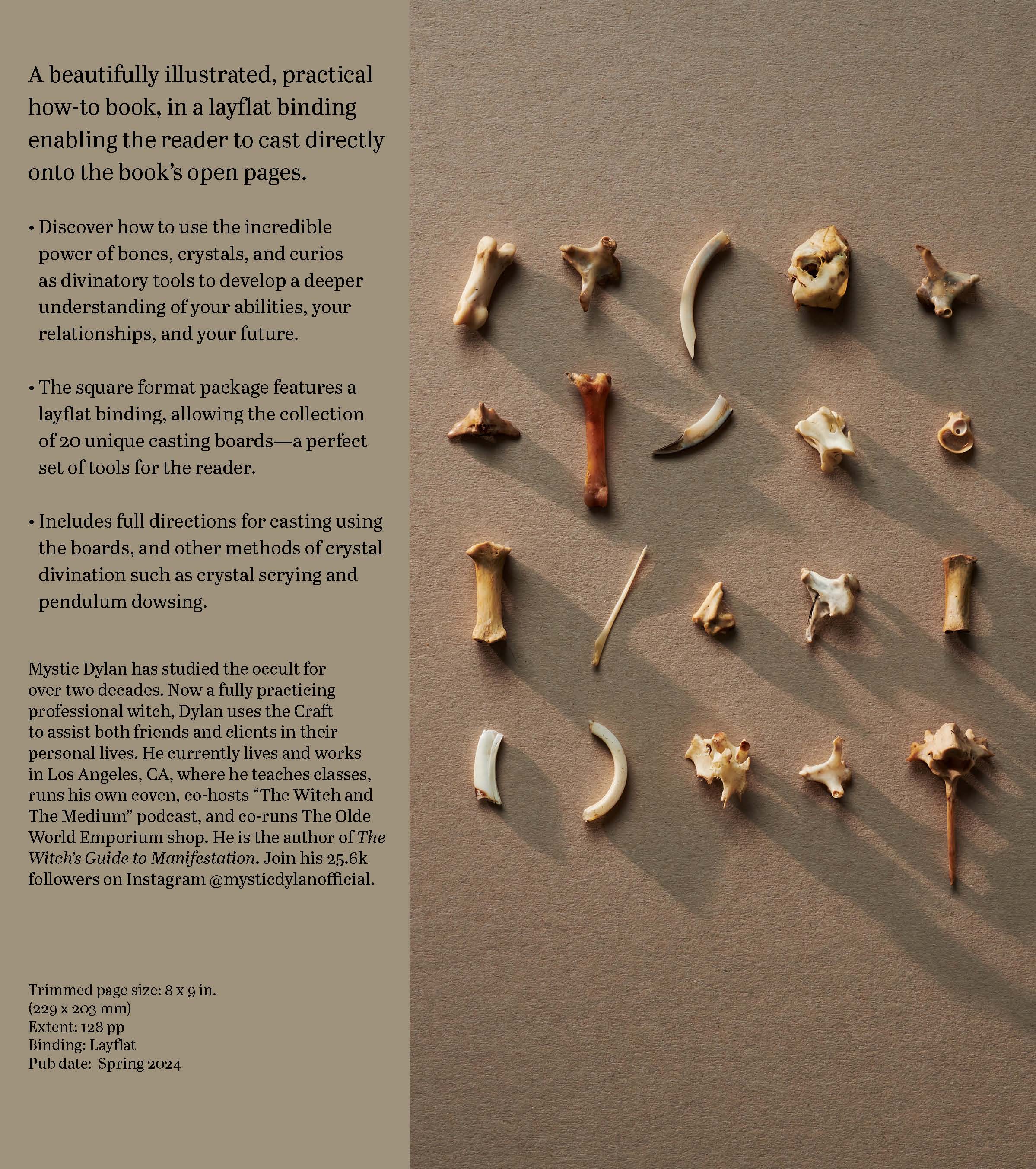 Collection of crystal and bone casting boards on a textured surface with descriptive text.