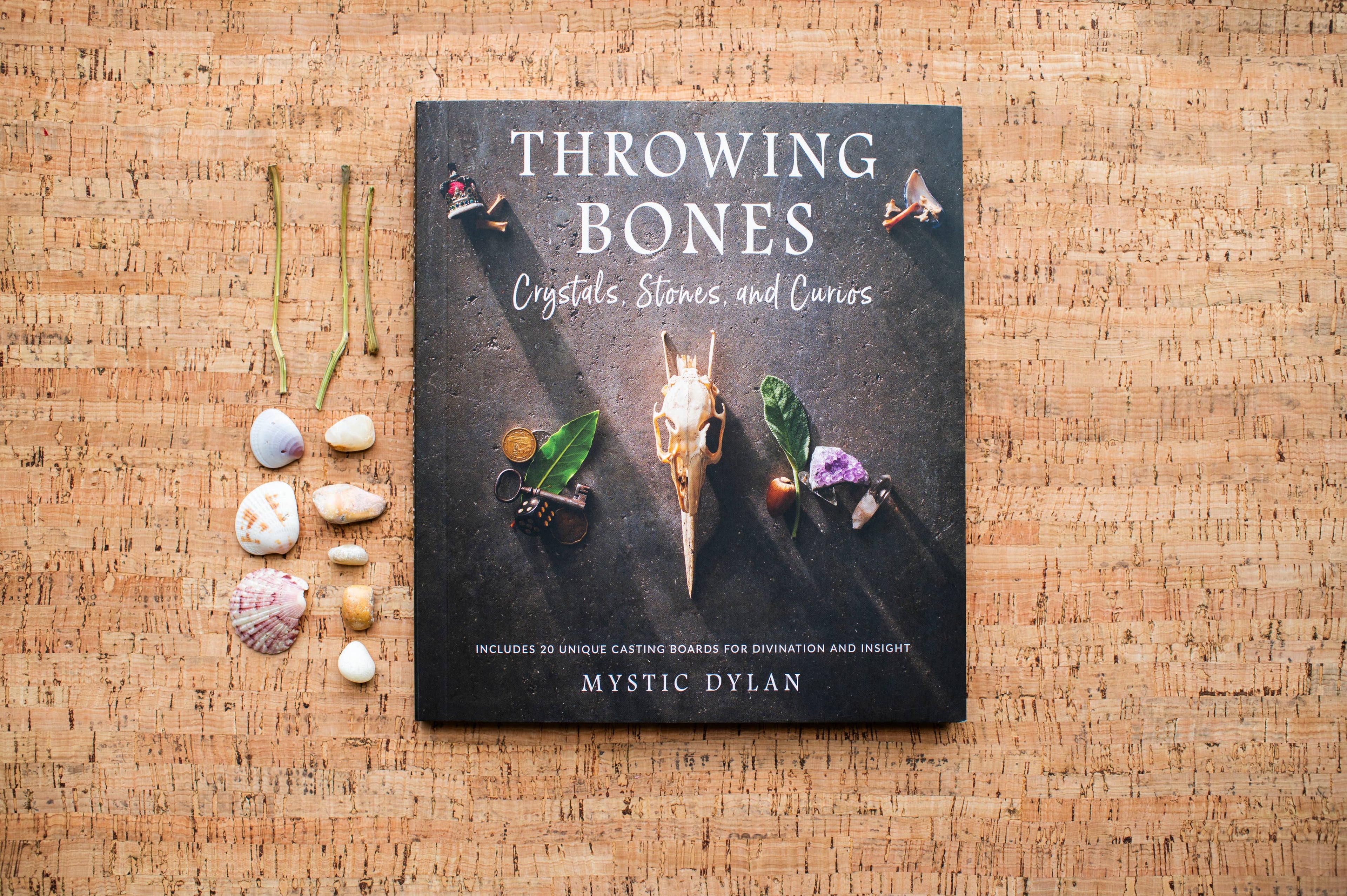 Book titled 'Throwing Bones' by Mystic Dylan on a woven surface with crystals and stones.