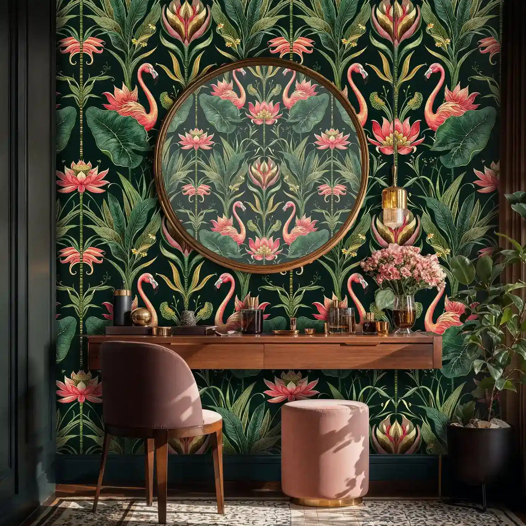 Tropical Flamingos and Lotus Garden Wallpaper-1
