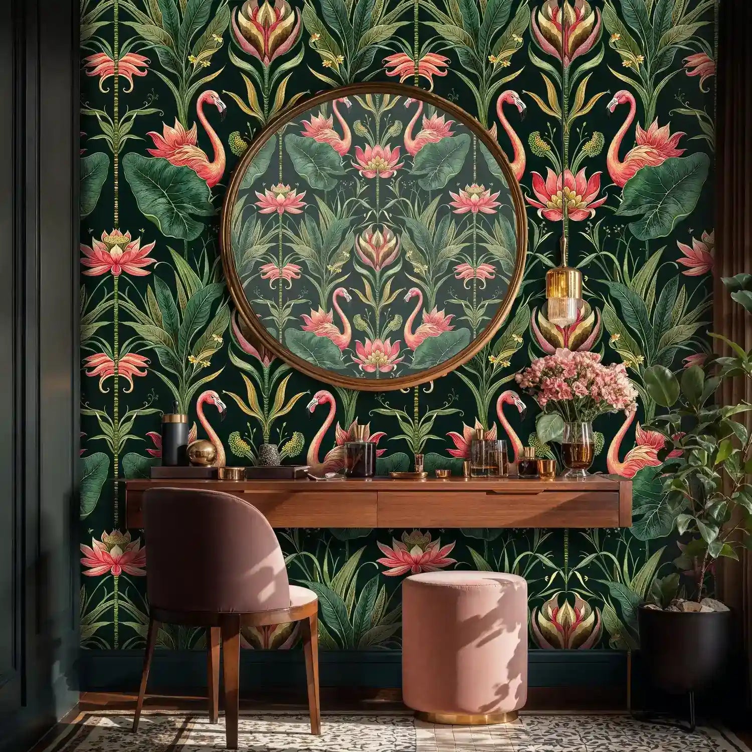 Tropical Flamingos and Lotus Garden Wallpaper-1