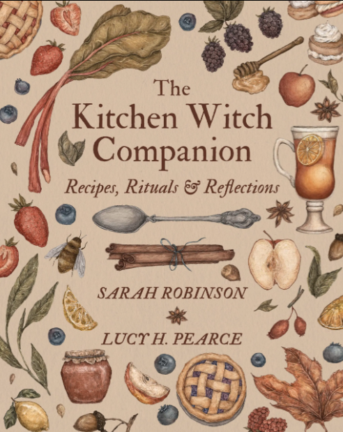 Book cover of 'The Kitchen Witch Companion' with illustrations of food and nature.