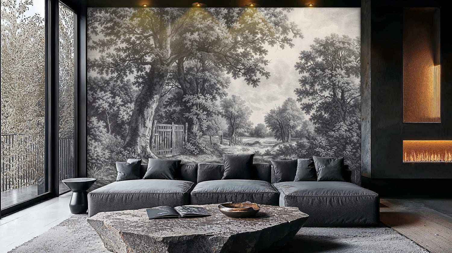 Vintage Countryside Wall Mural in Black and White-1