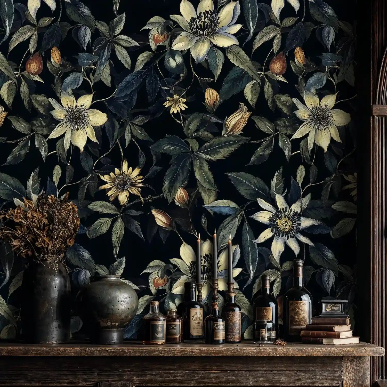 Dark Botanical Clematis Wallpaper-1
