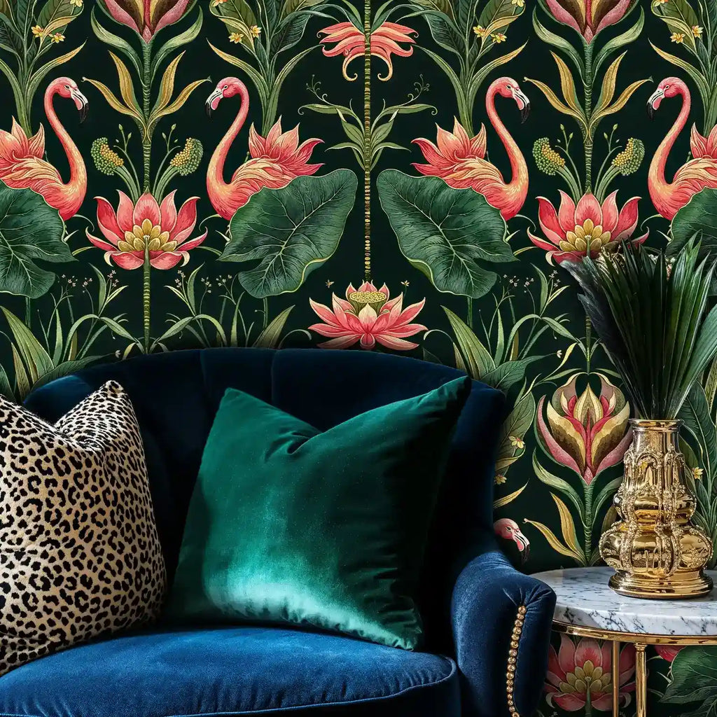 Tropical Flamingos and Lotus Garden Wallpaper-3